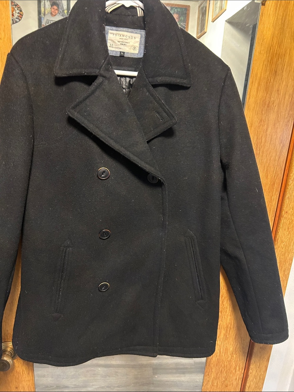 7 Diamonds Black Double-Breasted Wool Peacoat